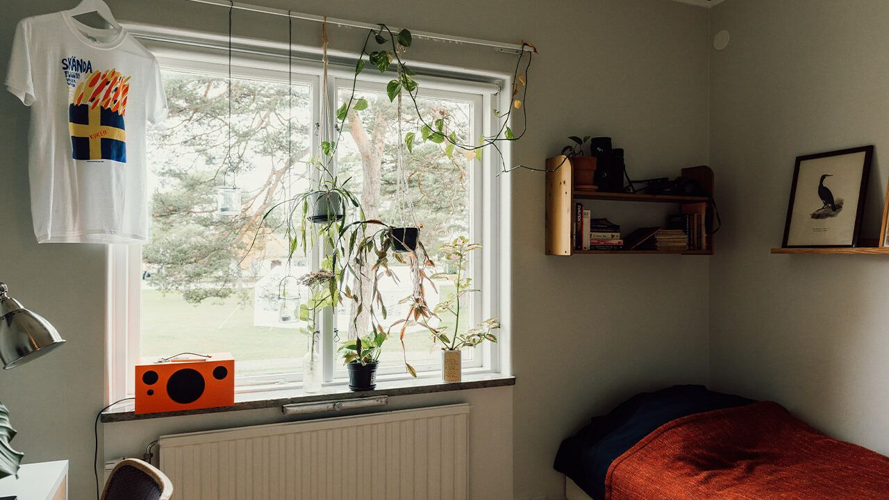 Interiör med säng, vägghyllor med böcker och tavlor och ett fönster med radio och växter. Foto. 