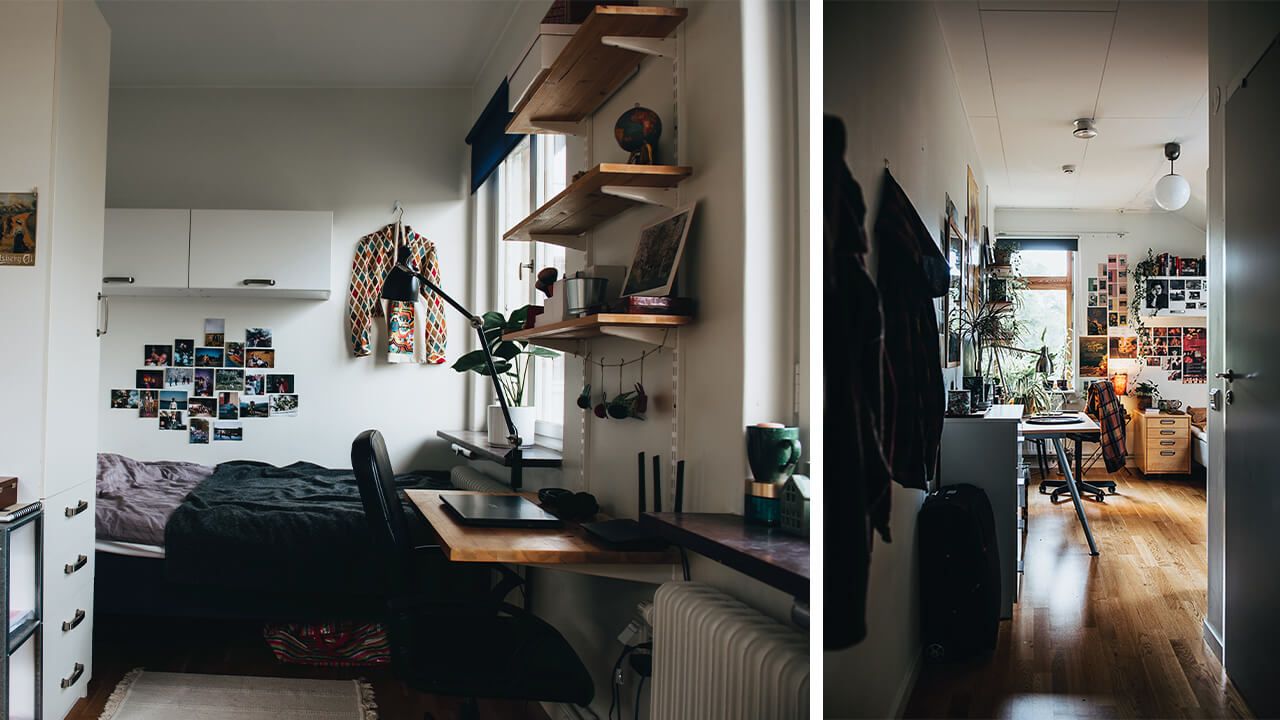 Foto internatrum med skrivbord, säng och väggkonst